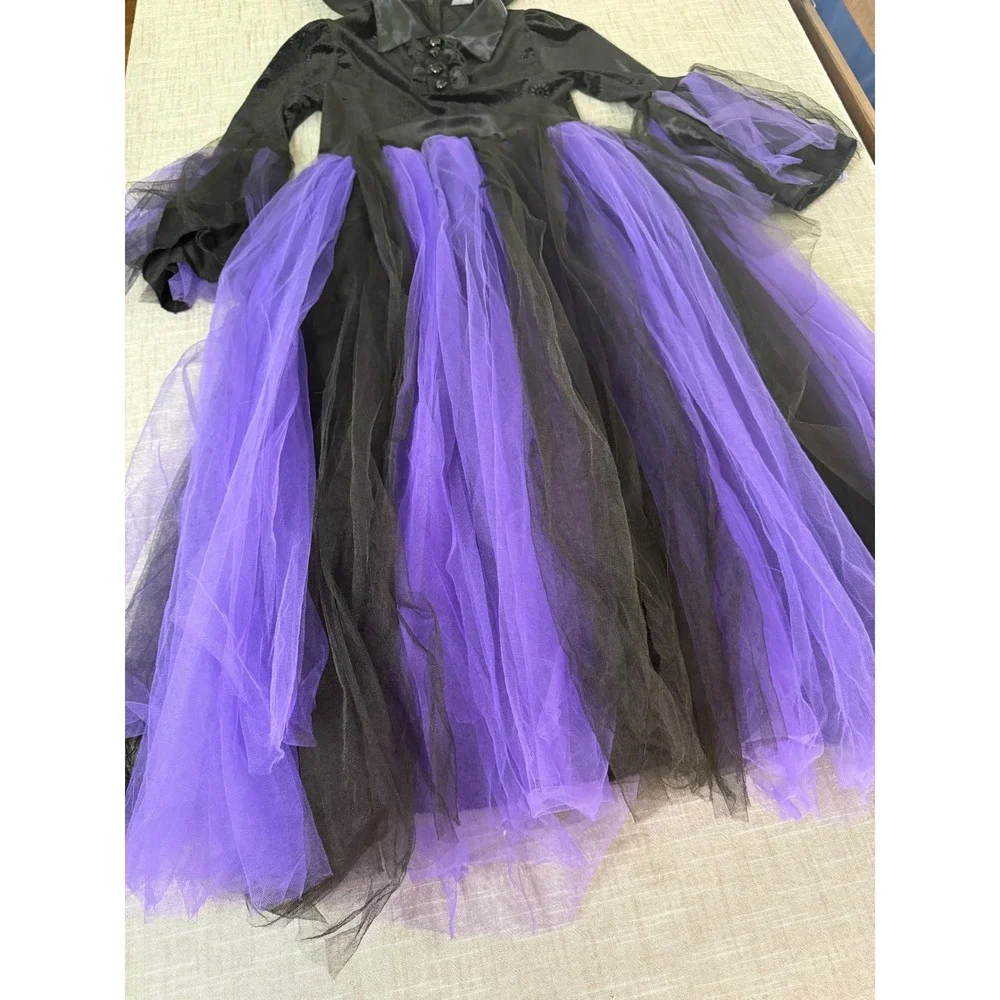 Spirit Halloween Kids Witch Costume Black Purple Paisley Tulle Dress Hat Medium